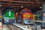 Diesel locomotives inside the barn